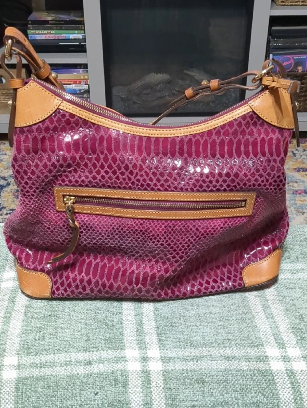 Dooney & Bourke Erica Snake-Embossed Hobo in Magenta with Tan Trim